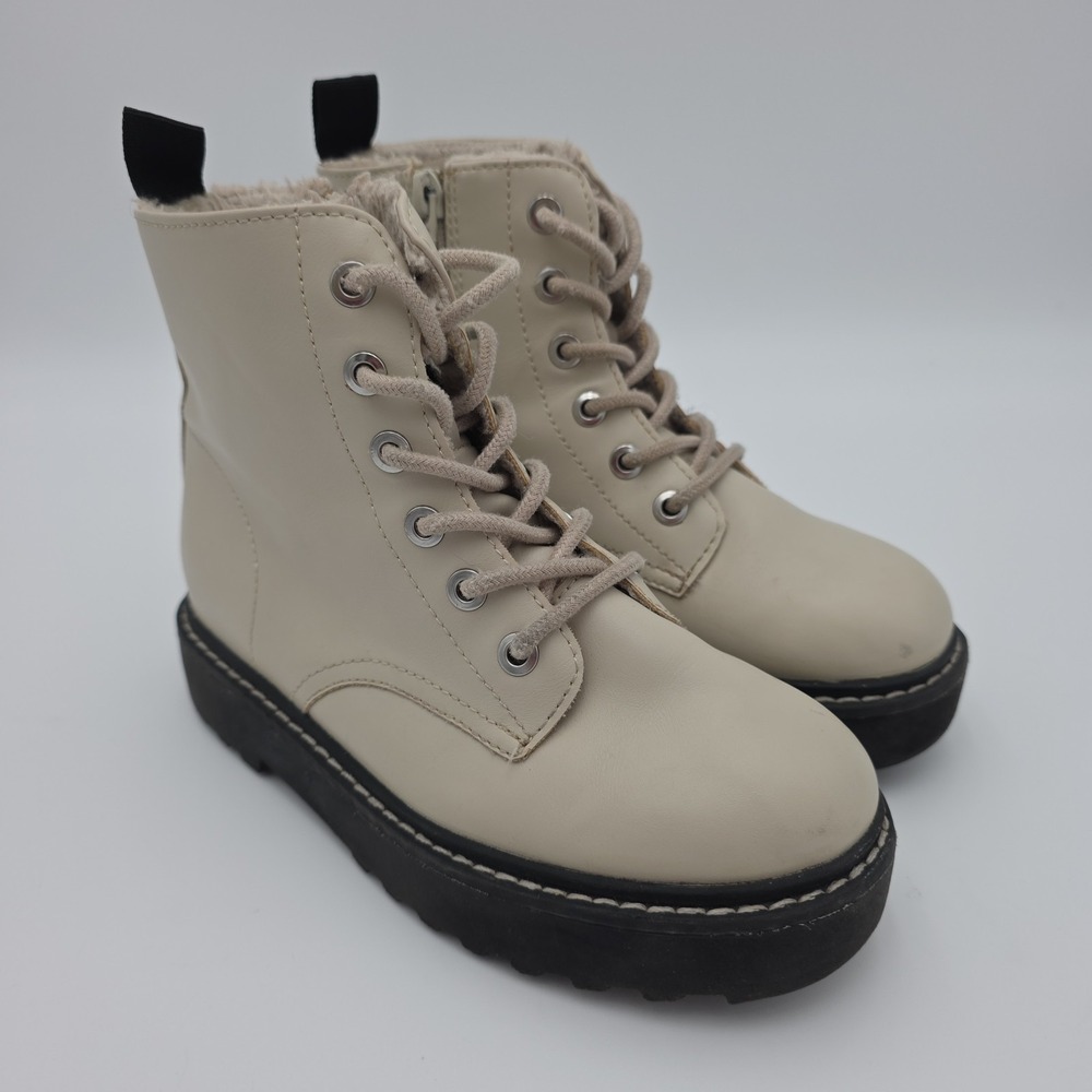 H&M Girls Warm Fur Lined Boots - Size 1, Cream Color, Chunky, Lace-up